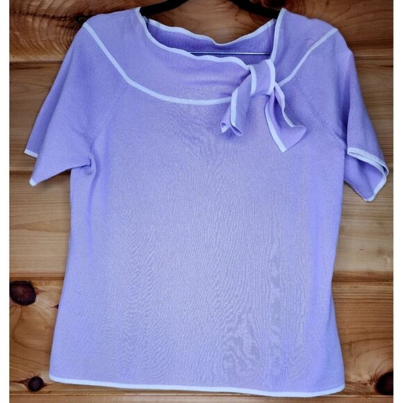 Designer Originals Purple White Trim Short Sleeve Knit Top Sweater Bow Large - Picture 12 of 16